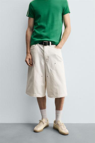 BERMUDA JEANS DE PERNA LARGA - Branco-marfim da Zara