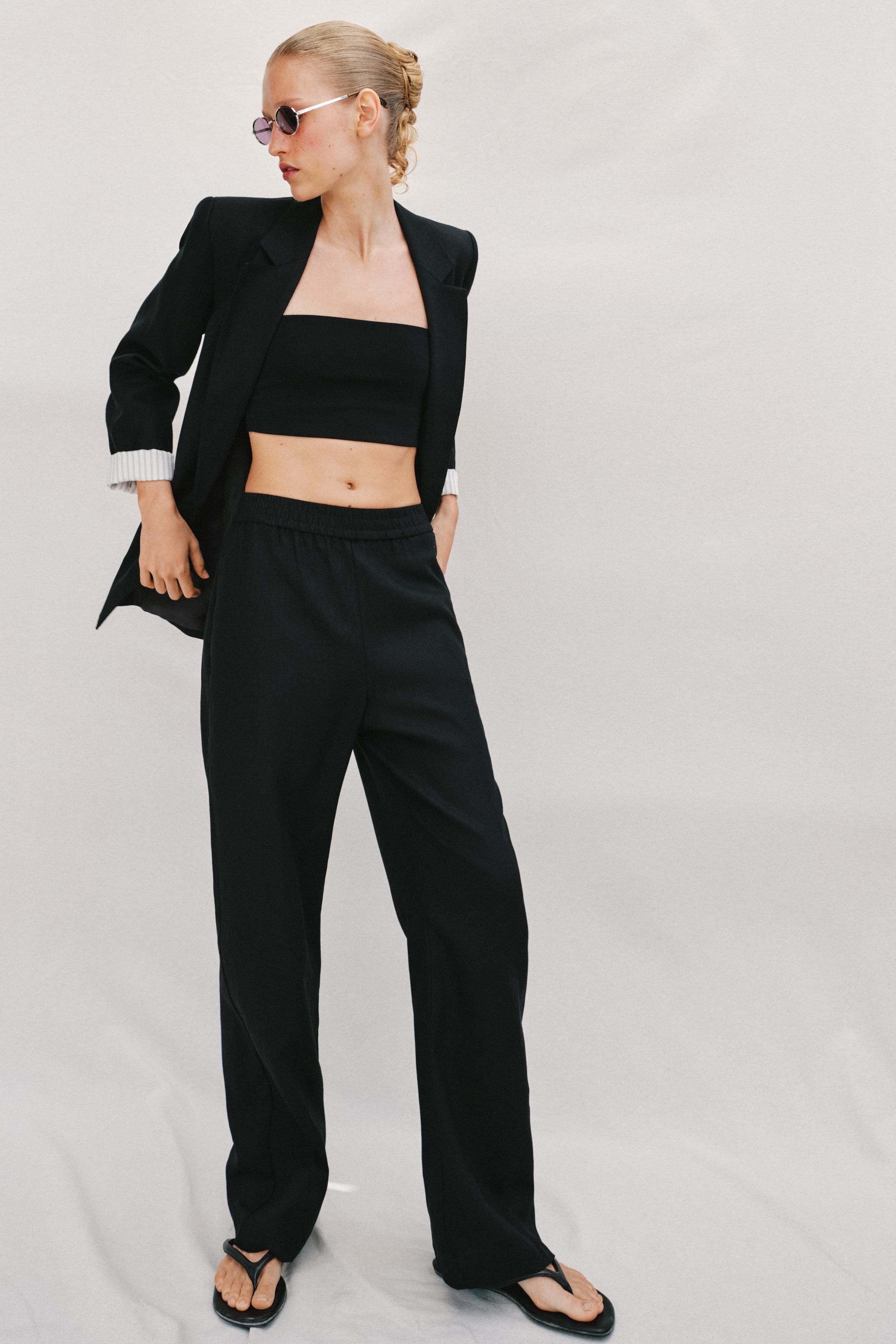LINEN STRAIGHT LEG PANTS — Black