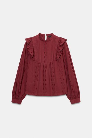 Zara ROMANTIC PERFORATED EMBROIDERED BLOUSE - Burgundy
