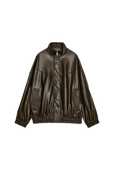 Front view of a khaki bomber jacket with a raised collar, front zip pockets, and elasticated trims.