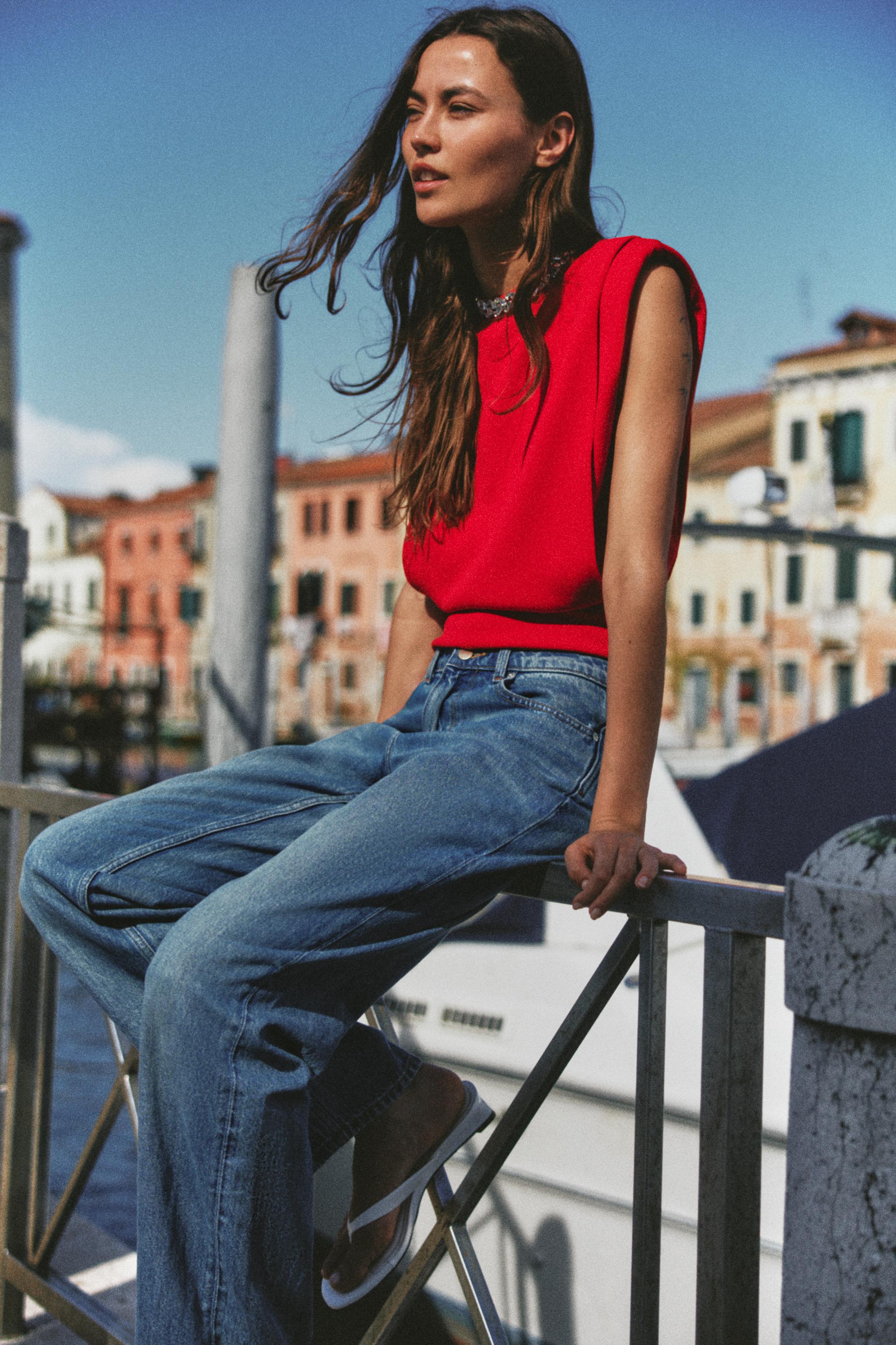 Zara JEWEL NECK SHOULDER PAD TOP