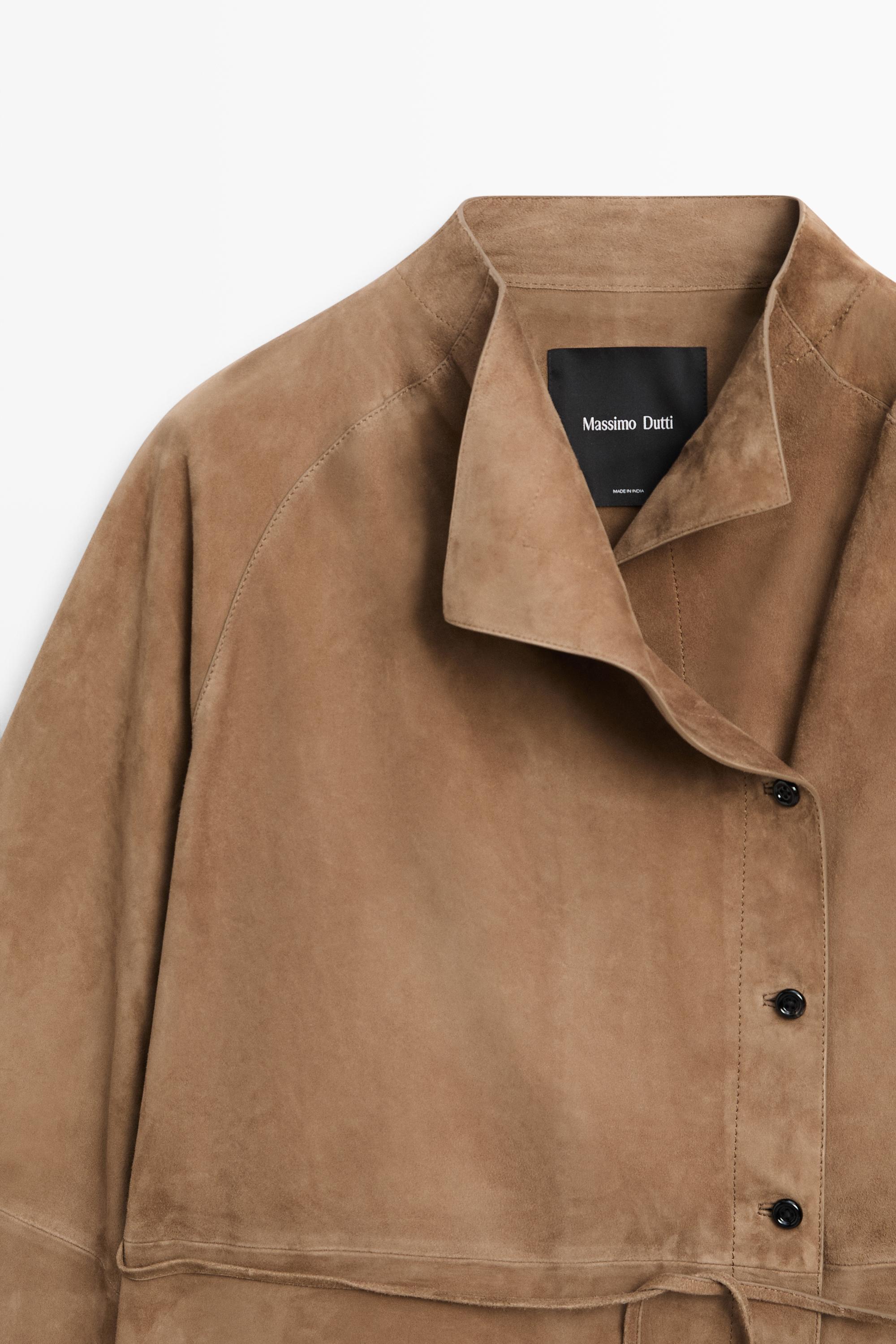 Suede leather jacket with drawstring