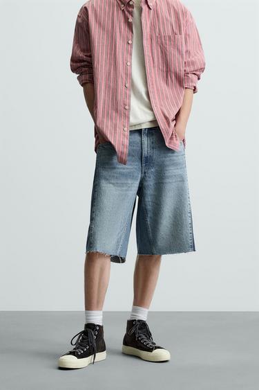 Zara CONTRAST BAND DENIM BERMUDA SHORTS - Mid-blue