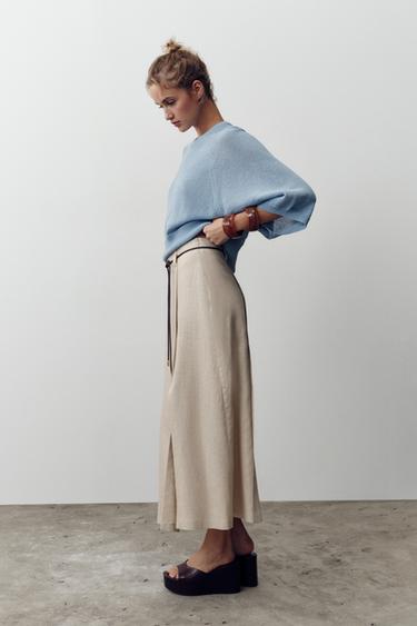 JUPE MIDI CEINTURE AVEC LIN - Sable de Zara