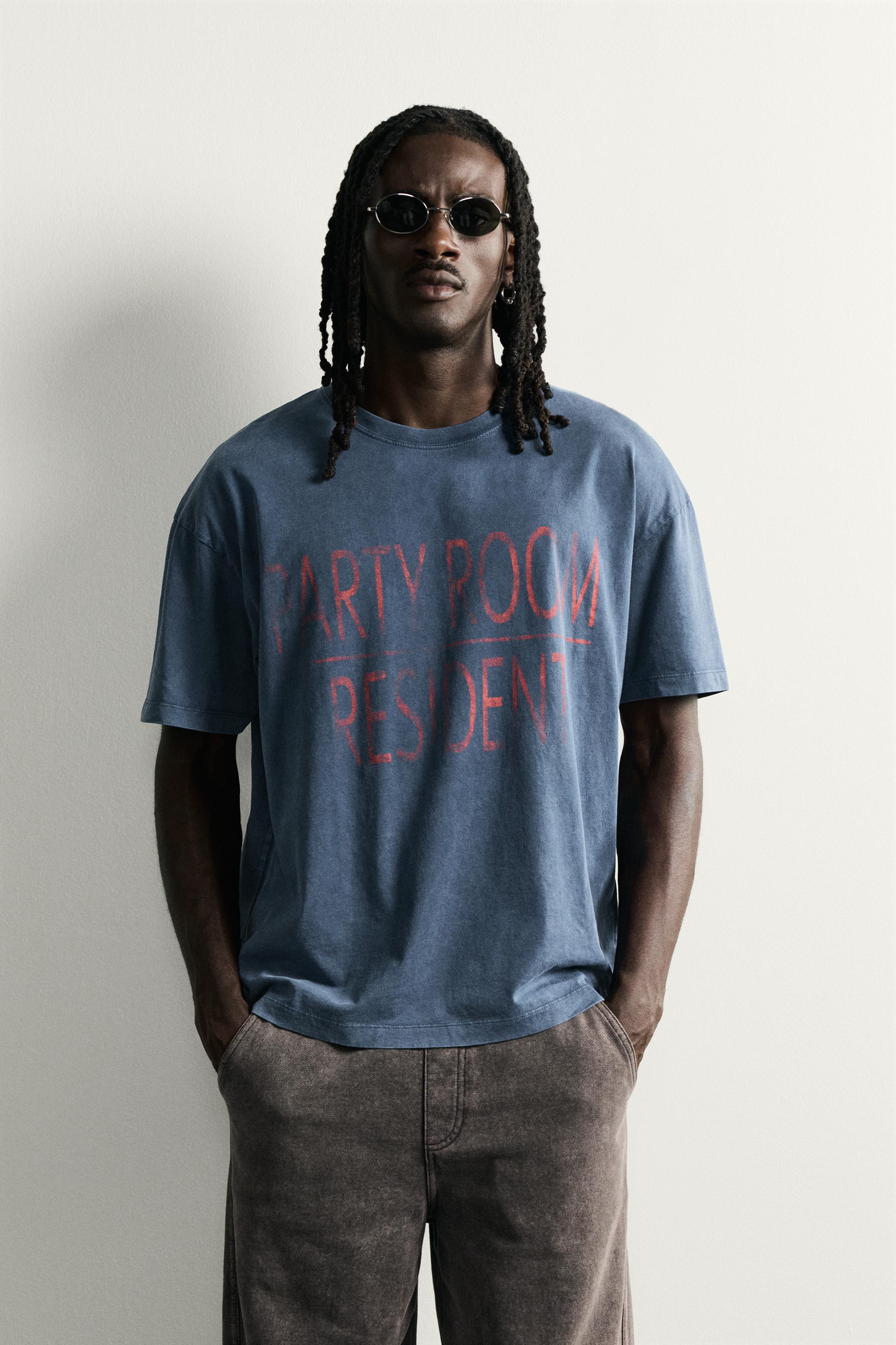 WASHED EFFECT TEXT T-SHIRT — Blue