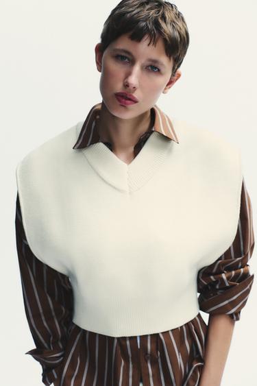 PLAIN KNIT CROPPED VEST - Ecru by Zara - Image 1