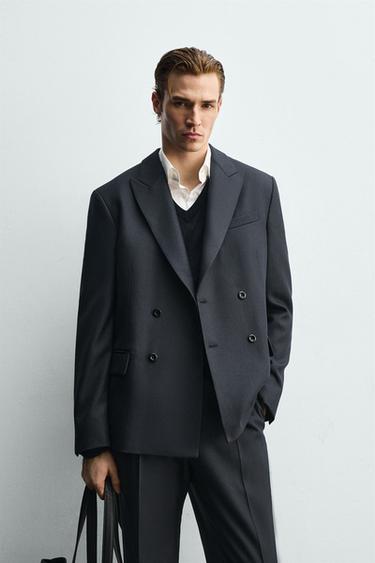 DOUBLE-BREASTED TEXTURED SUIT BLAZER - Navy blue by Zara