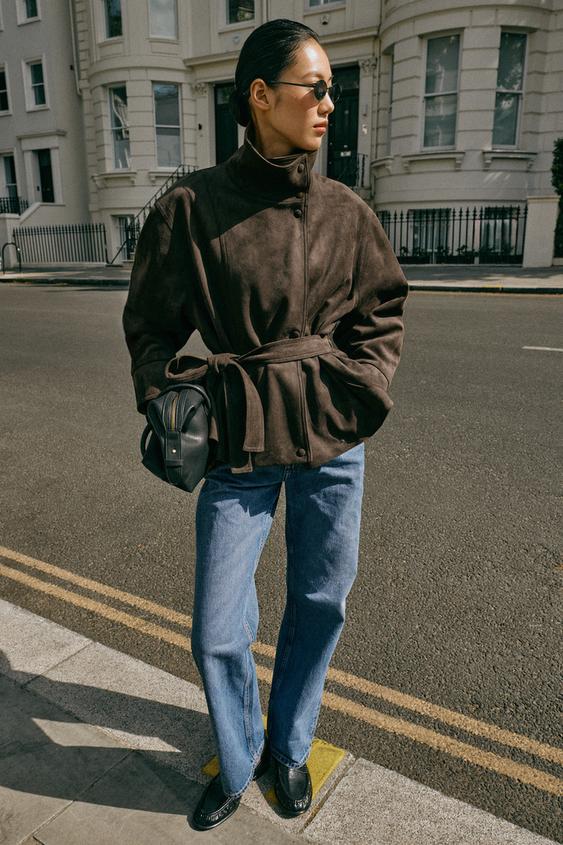 Zara FAUX SUEDE BELTED JACKET - Dark mink - Image 0