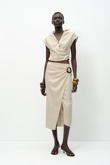 LINEN BUCKLE MIDI SKIRT - Light beige by Zara