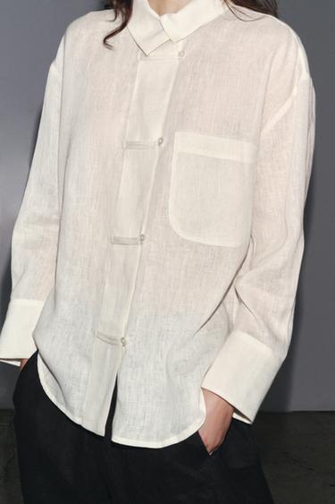 CHEMISE EN LIN 100 % À COL CROISÉ - Écru de Zara - Image 3