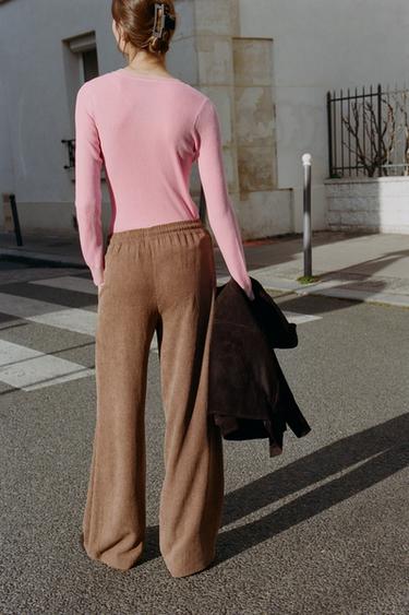 PANTALON DROIT TAILLE ÉLASTIQUE - Marron clair de Zara - Image 4