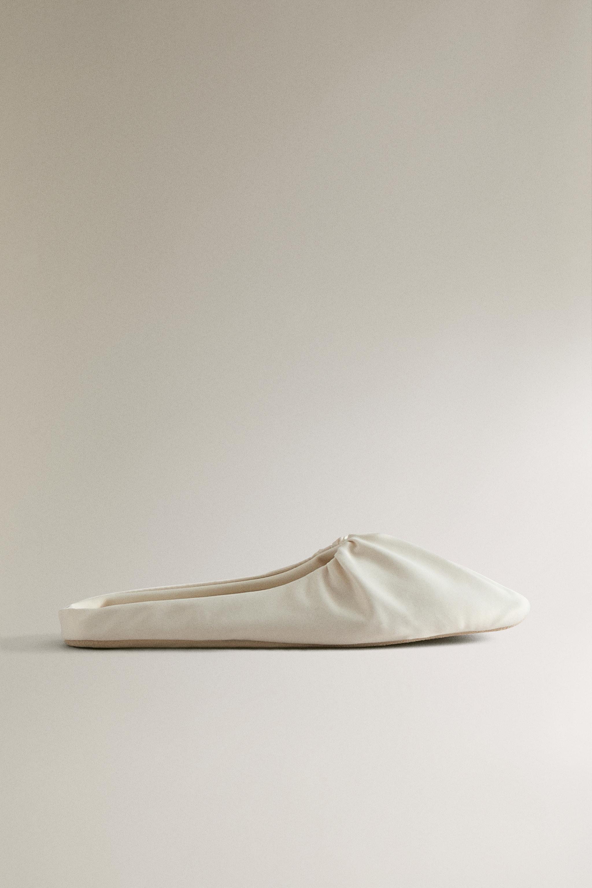 PLEATED SATEEN MULE SLIPPERS — Beige