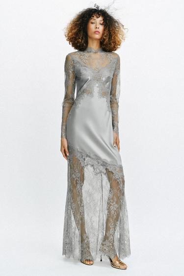 ZW COLLECTION SATIN LACE DRESS - Grey by Zara