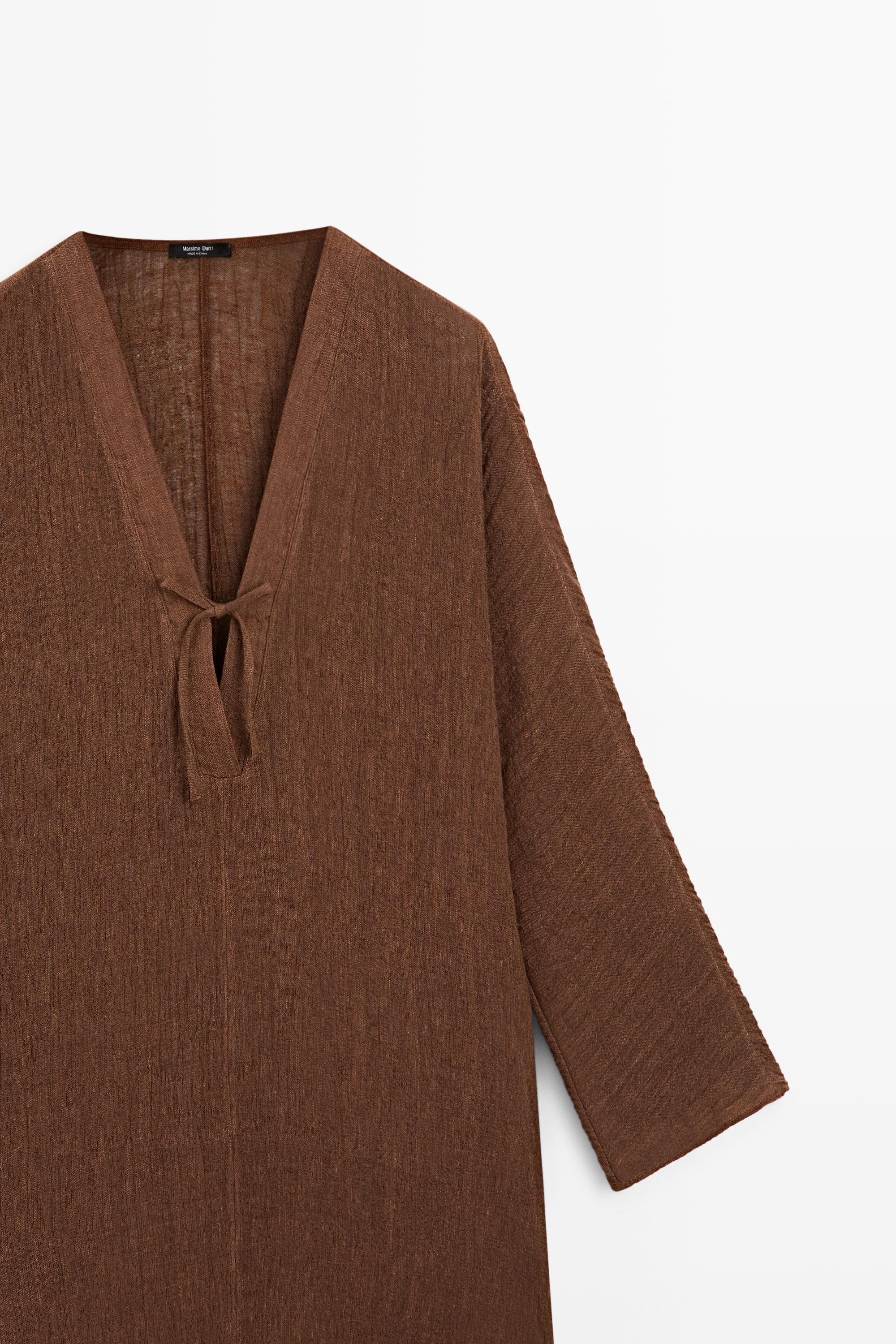 Linen blend kaftan dress with tied neckline — taupe brown