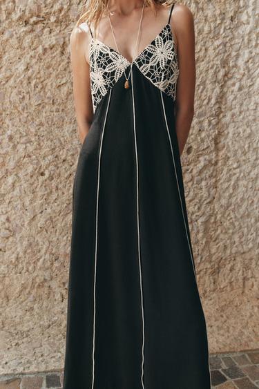 EMBROIDERED MIDI DRESS - Black / Ecru by Zara - Image 1