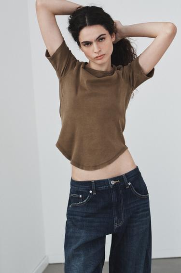 Zara WASHED EFFECT T-SHIRT - Dark brown