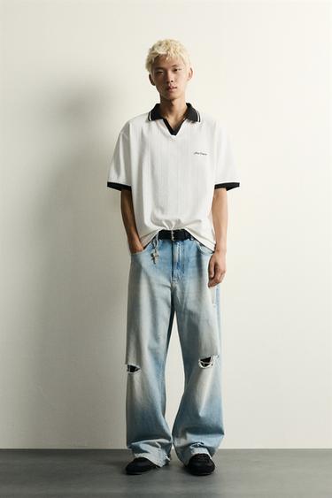 RELAXED FIT TEXTURED EMBROIDERED POLO SHIRT - Oyster-white by Zara - Image 0