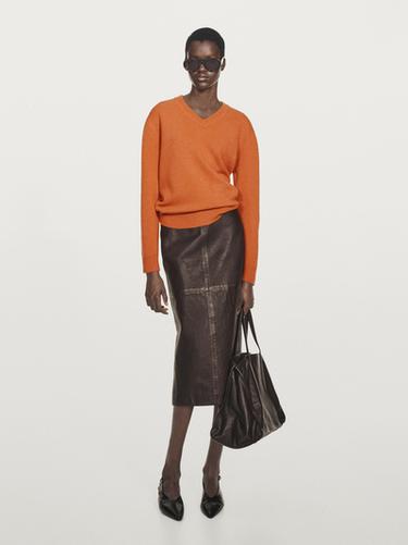 Zara Straight nappa leather midi skirt with slit - Brown