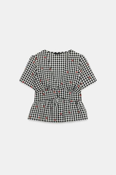 GINGHAM TOP WITH CHERRY EMBROIDERY - Black / White by Zara - Image 5