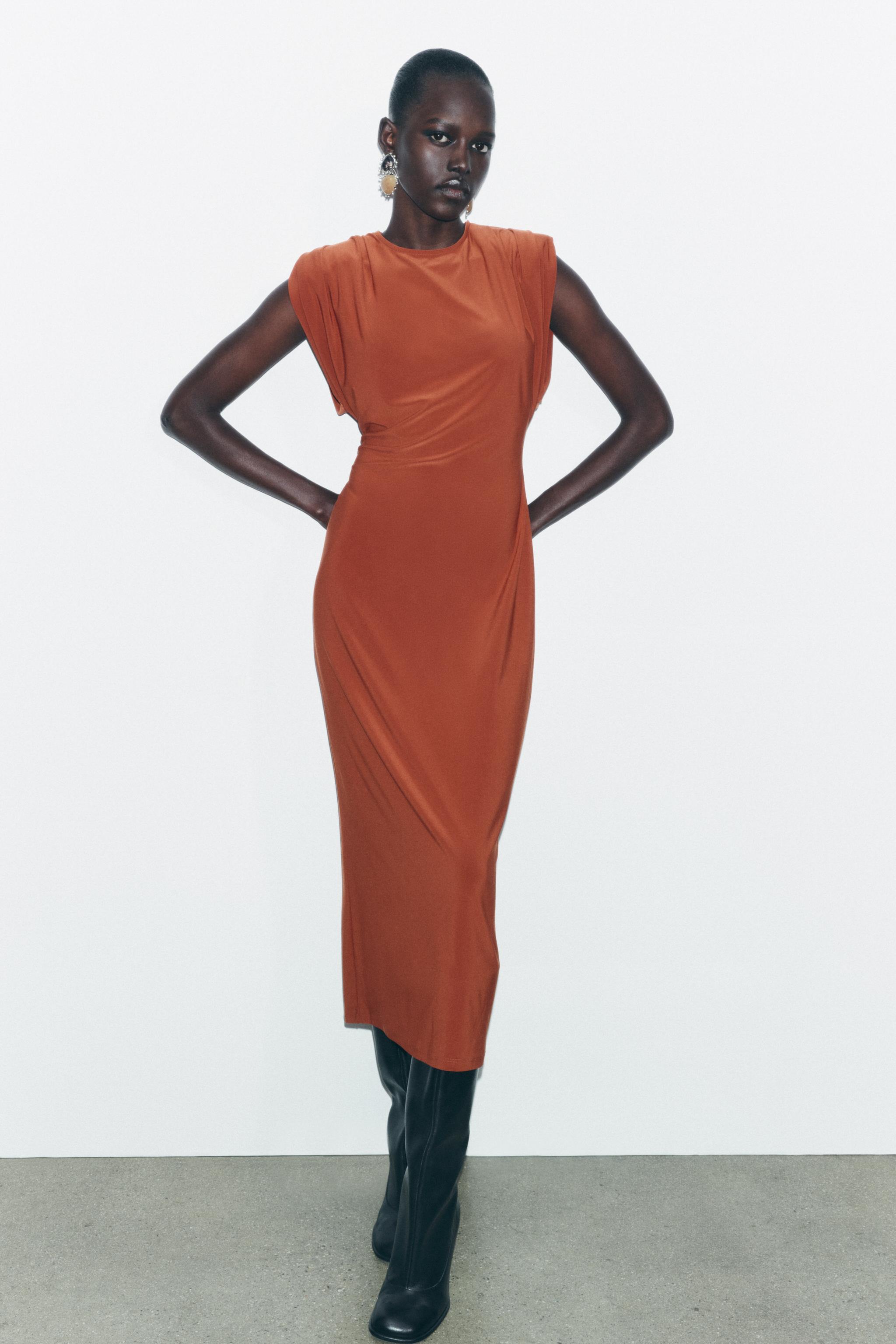 LONG DRESS WITH SHOULDER PADS Russet ZARA United States