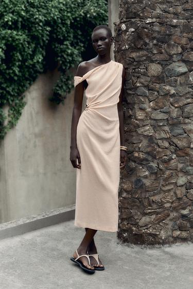 ASYMMETRIC MIDI DRESS WITH LINEN BLEND APPLIQUÉ - Peach by Zara - Image 3