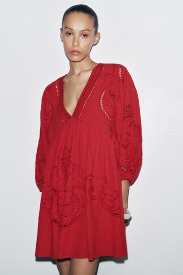 ZW COLLECTION EMBROIDERED SHORT DRESS - Red by Zara - Image 3