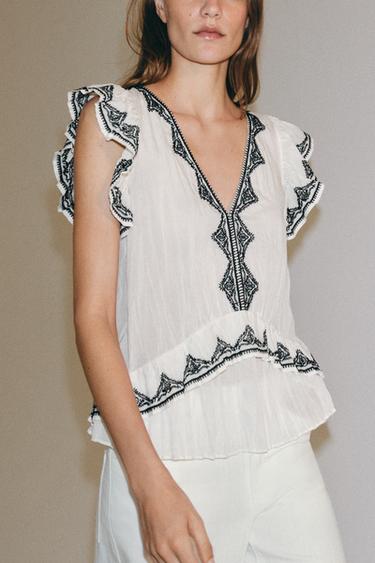 ZW COLLECTION CONTRAST EMBROIDERED TOP - Black / White by Zara