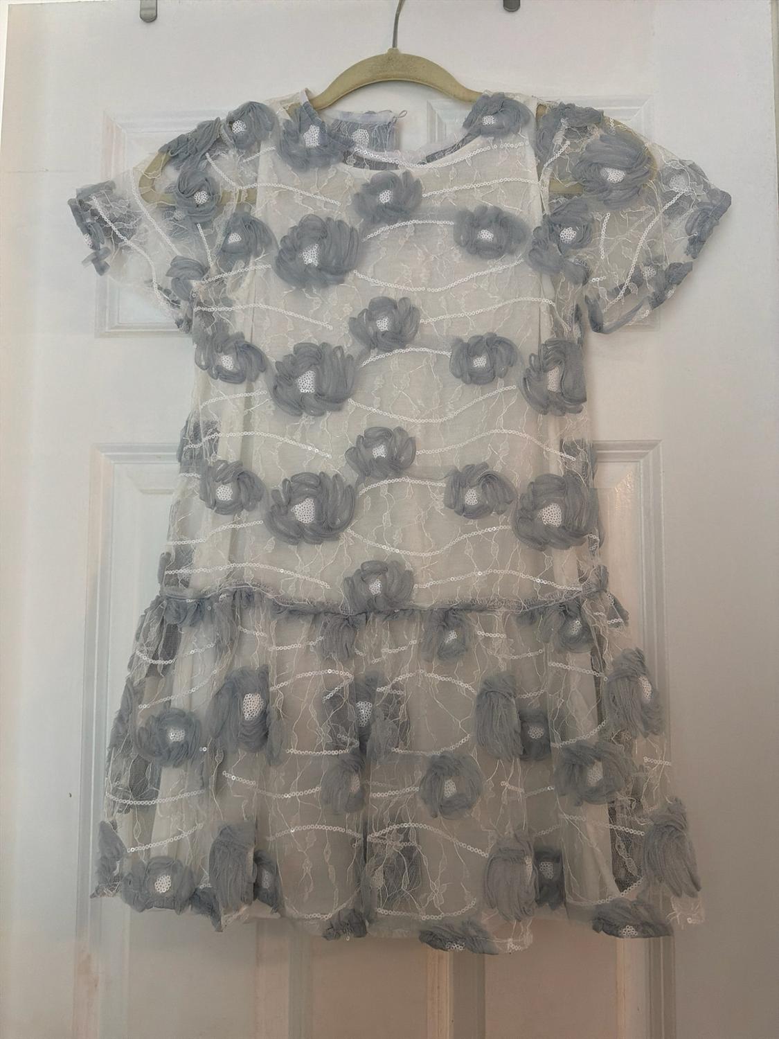 Semi-transparent white short-sleeved dress with raised grey flowers and sequins, hanging on a coat hanger over a white door.
