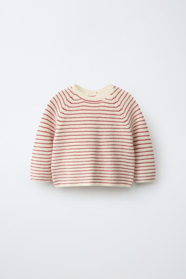 Zara STRIPED KNIT JUMPER - Ecru / Red