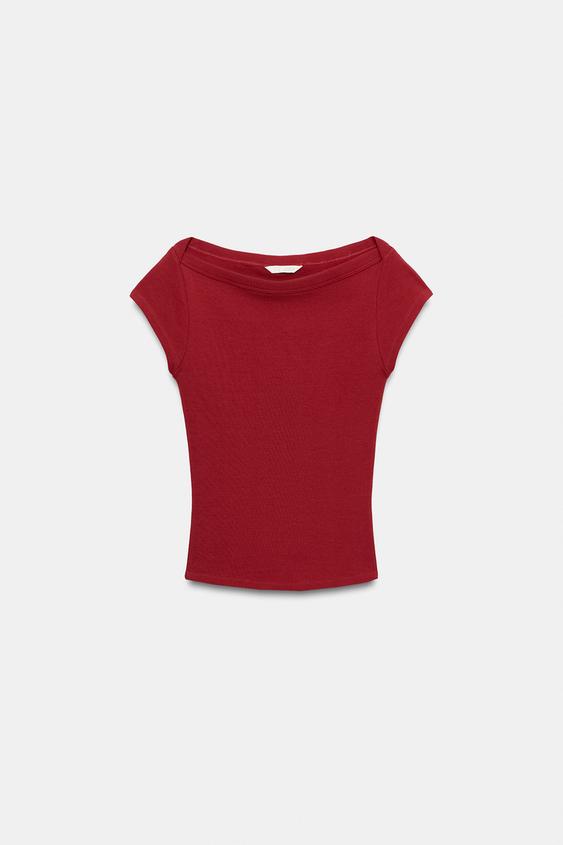 CAMISETA CUELLO BARCO - Rojo de Zara - Imagen 0