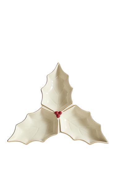CHRISTMAS HOLLY STONEWARE TRIPLE BOWL - Cream by Zara