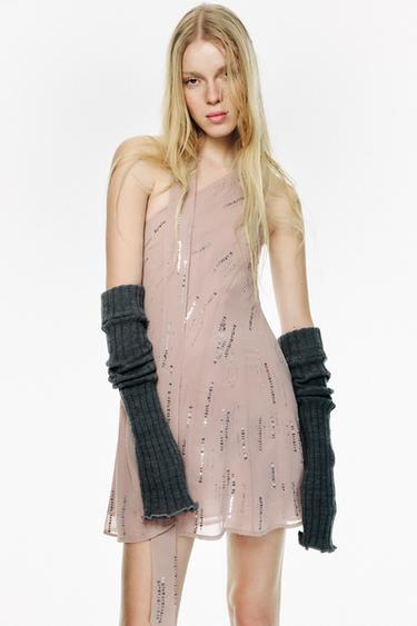 VESTIDO CORTO FOULARD LENTEJUELAS - piedra de Zara
