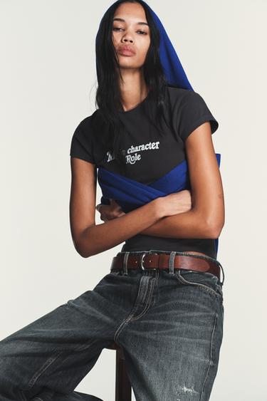 T-SHIRT WITH FRONT SLOGAN - Charcoal by Zara - Image 1