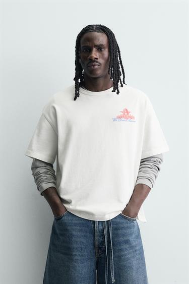 CONTRAST EMBROIDERED PRINT T-SHIRT - Oyster-white by Zara