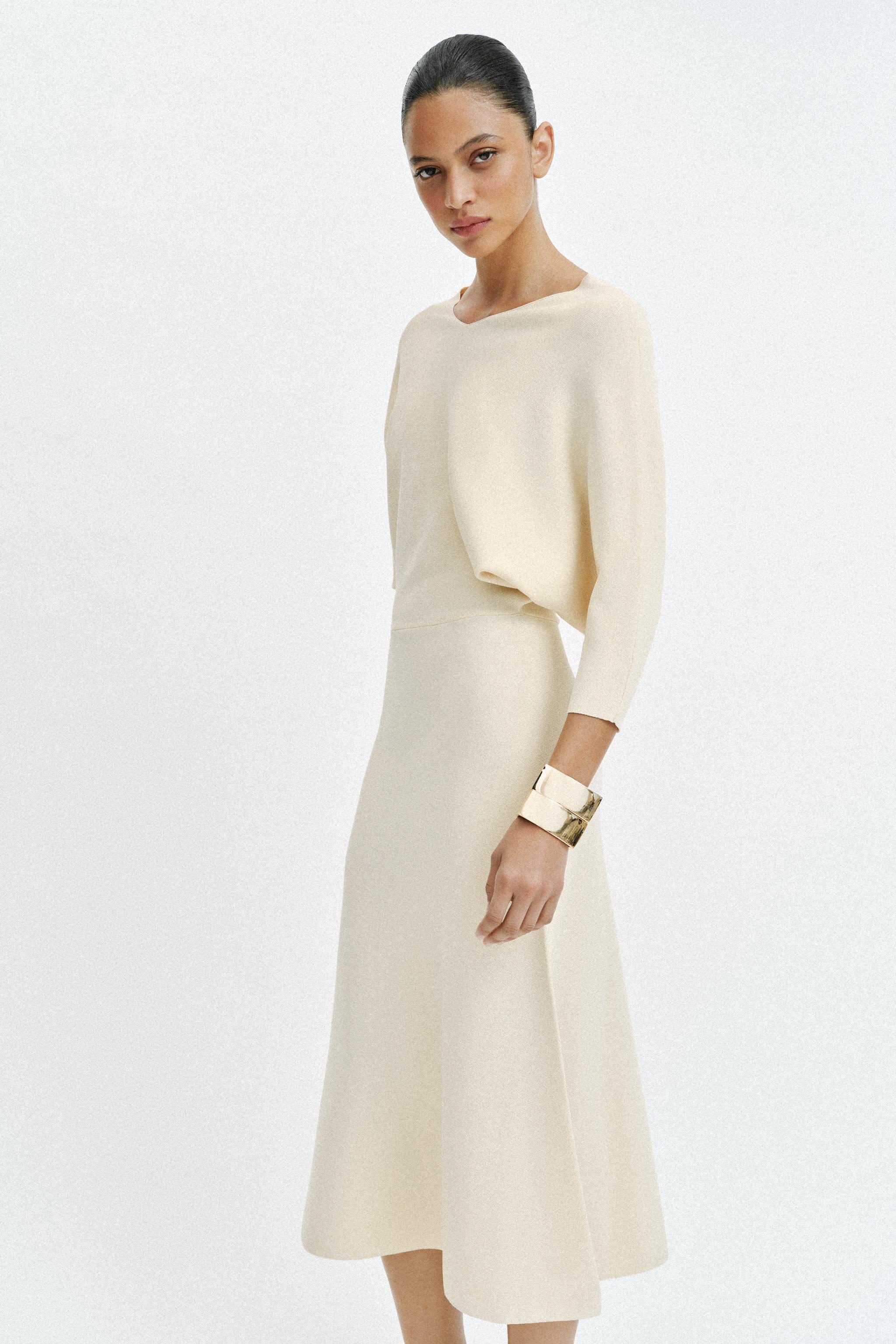 zara sweater dress Dress: Black Mini for Date Night Slim through the waist with a flared A KNIT MIDI DRESS - Ecru