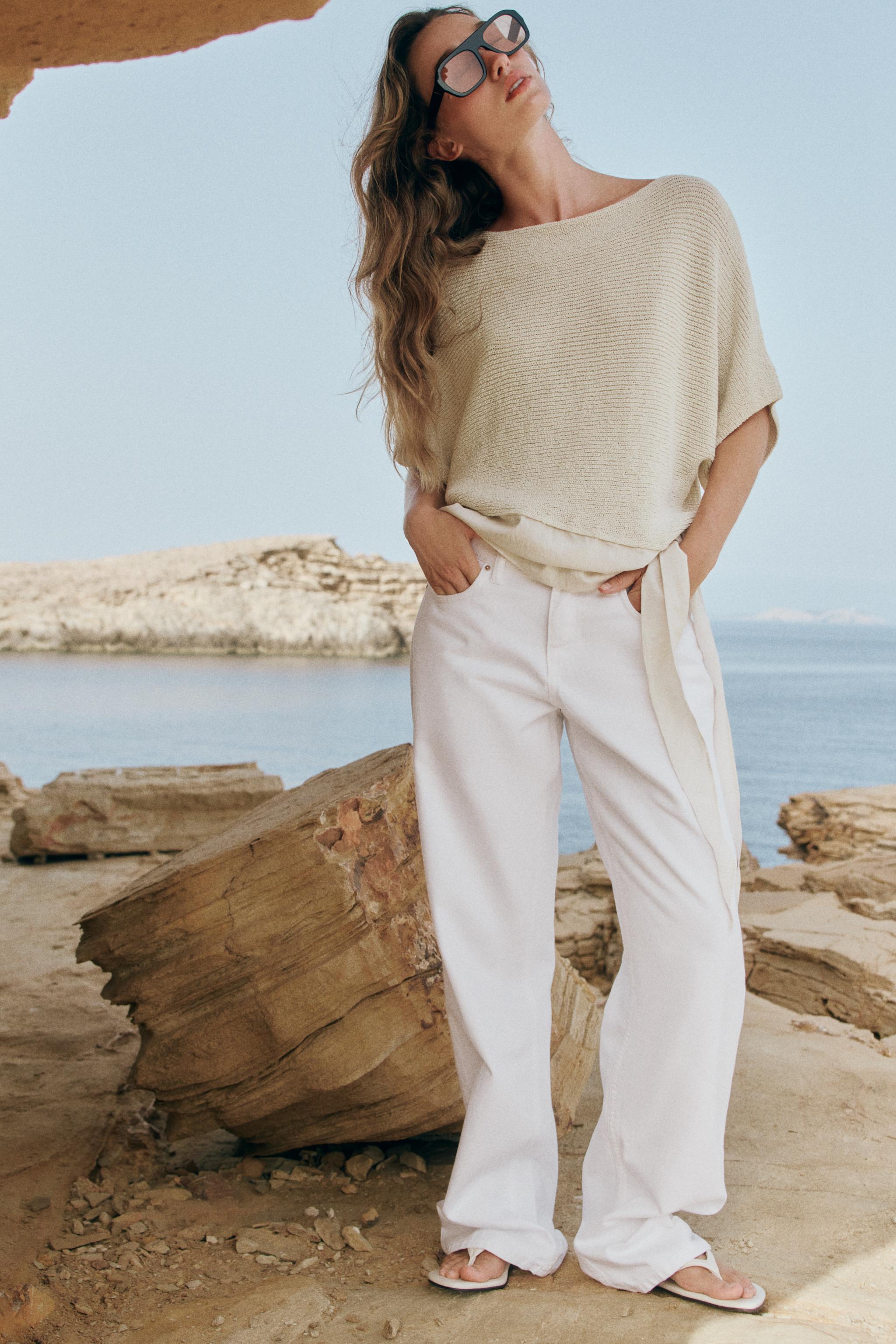 KNOT-DETAIL MIXED FABRIC TOP — Light beige
