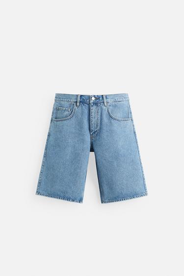Zara BAGGY FIT DENIM SHORTS - Blue