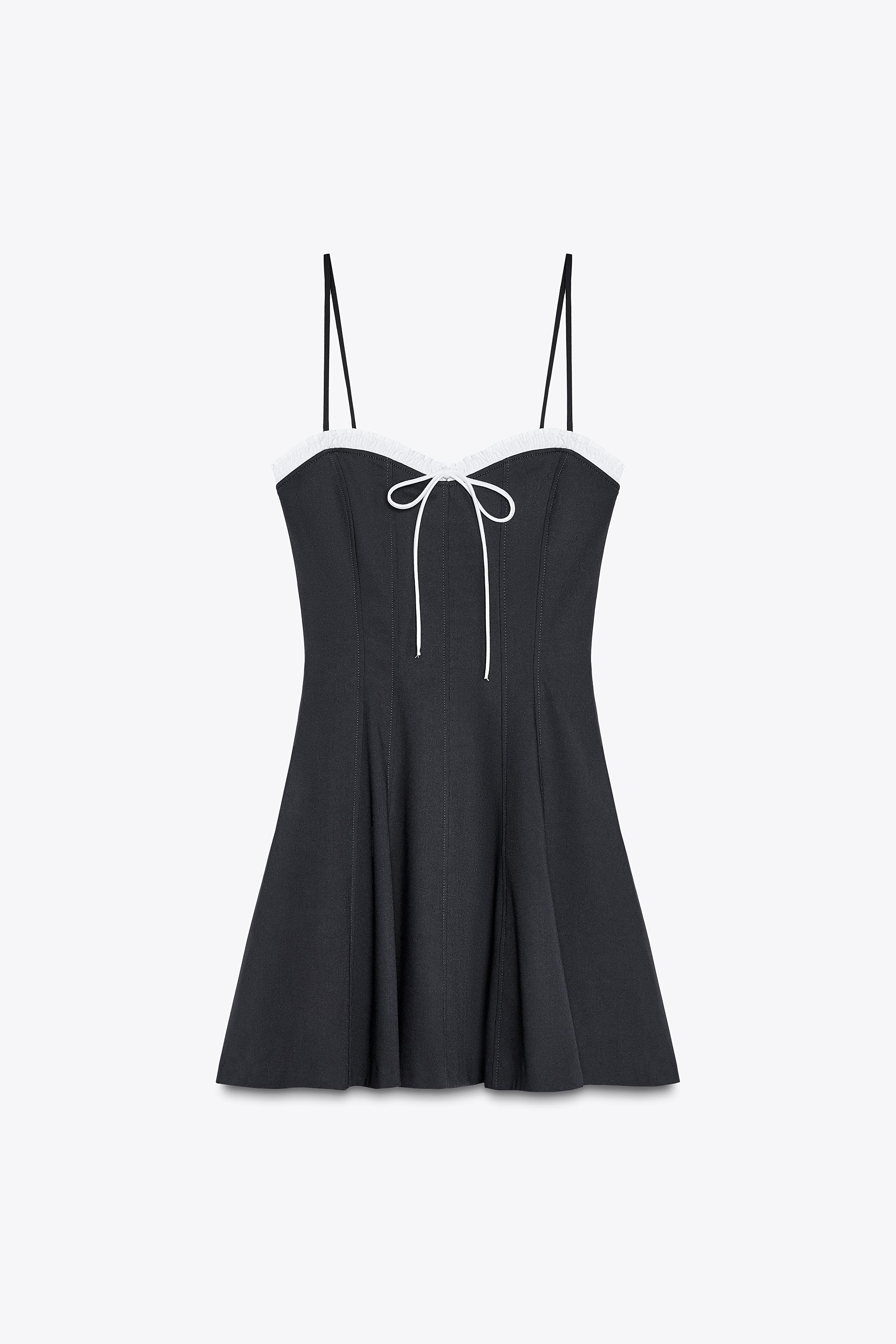ZARA リボン付きフリルストラップワンピース 3152/394 リボン付きフリルストラップワンピース - ダークネイビーブルー
