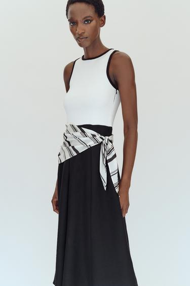 ROBE MI-LONGUE BIMATIÈRE À FOULARD - Blanc / Noir de Zara