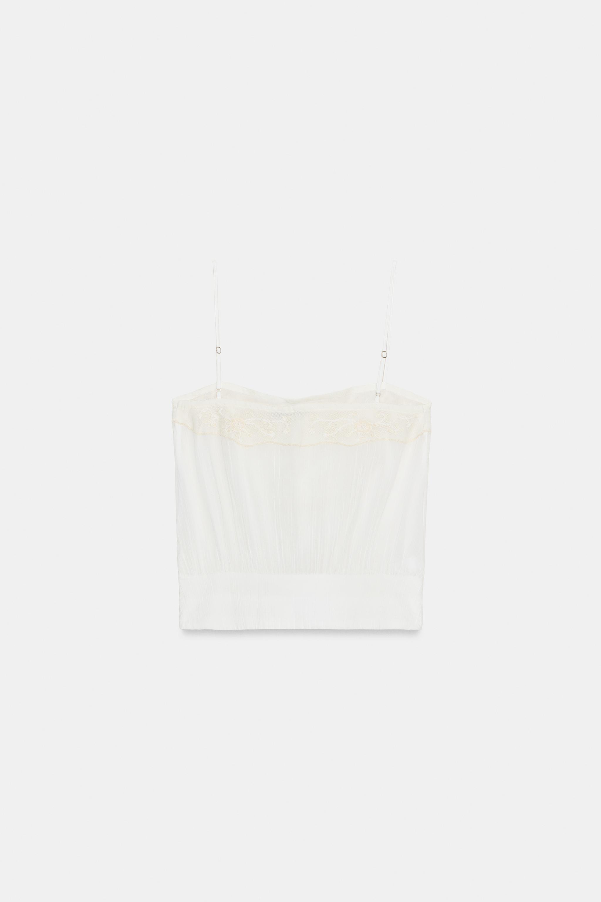 EMBROIDERED GAZE STRAP TOP — Oyster-white