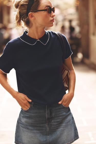 ショートスリーブセーター コントラストトリムネイビーブルーZaraのショートスリーブセーター コントラストトリム - ネイビーブルー