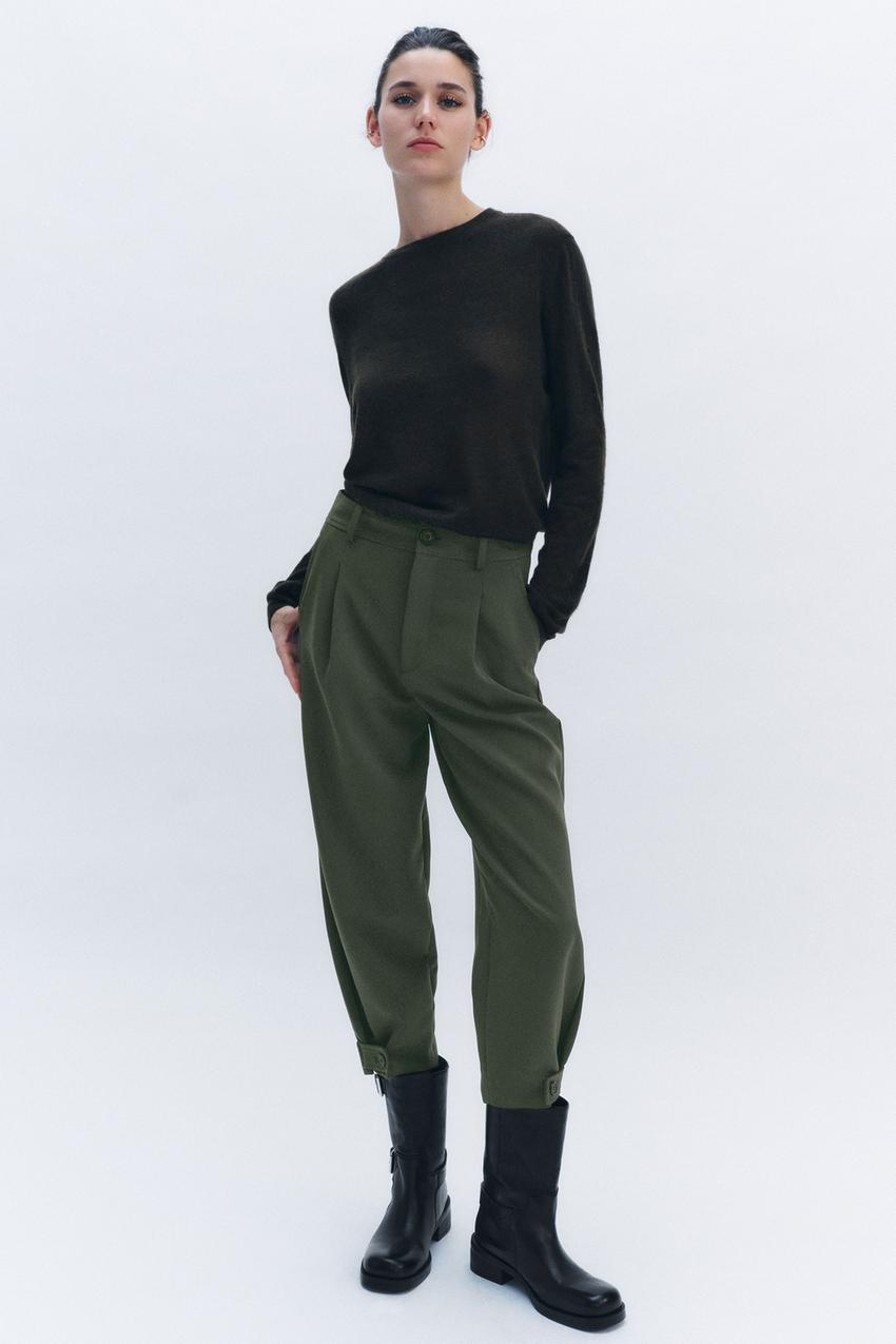 Zara Green Straight Fit Trousers With Topstitching Size MEDIUM