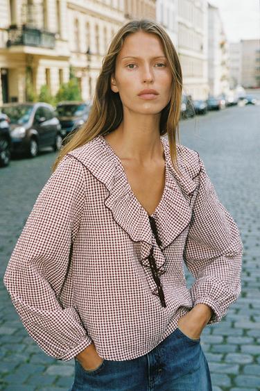 BLUSA VOLANTES CUADROS LAZO - burdeos/crudo de Zara