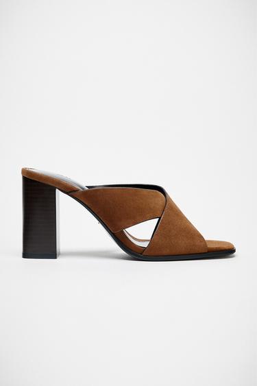 Zara SPLIT LEATHER WIDE HEELED SANDALS - Brown