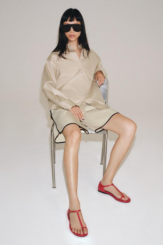 SANDÁLIA PLANA DE COURO COM TIRAS - Vermelho da Zara - Imagem 0