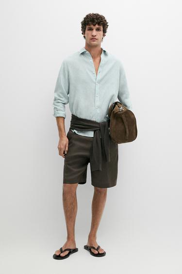 Zara 100% linen short Bermuda shorts - Khaki - Image 0