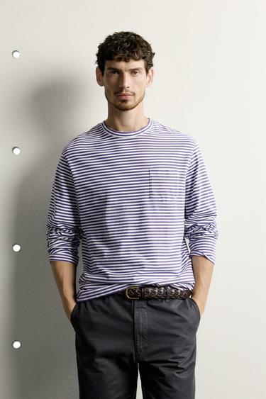 STRIPED REGULAR FIT LONG SLEEVE T-SHIRT - Lilac / White by Zara