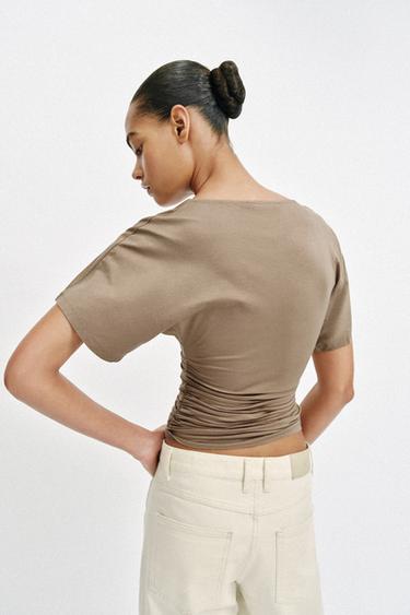 DRAPED SHORT SLEEVE T-SHIRT - Mid-camel by Zara - Image 4