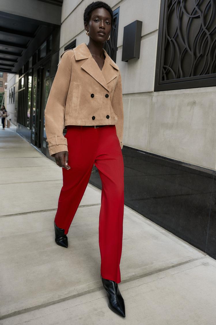 PANTALÓN RECTO CINTURÓN Rojo oscuro ZARA España