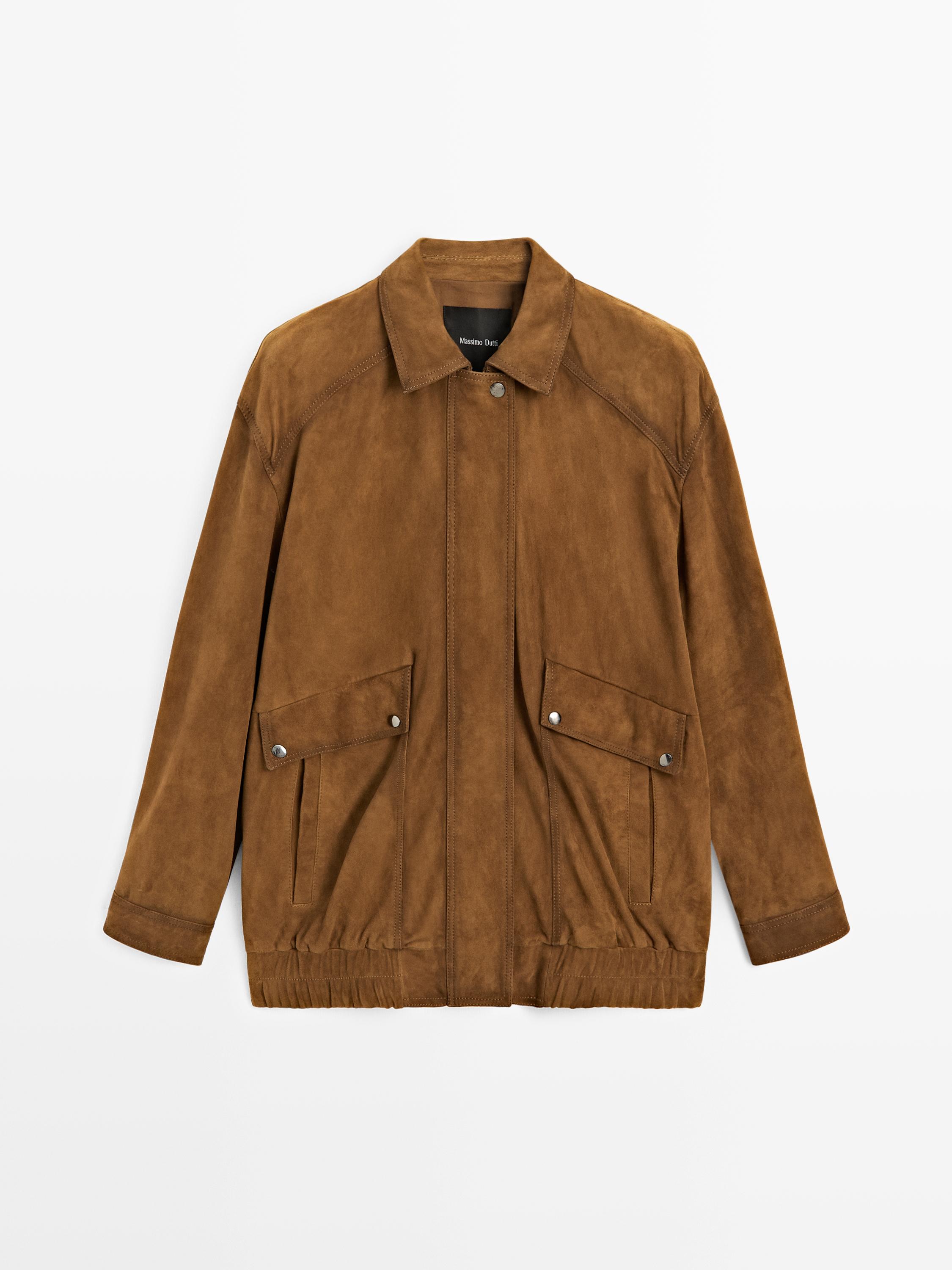 Suede leather bomber jacket with pockets